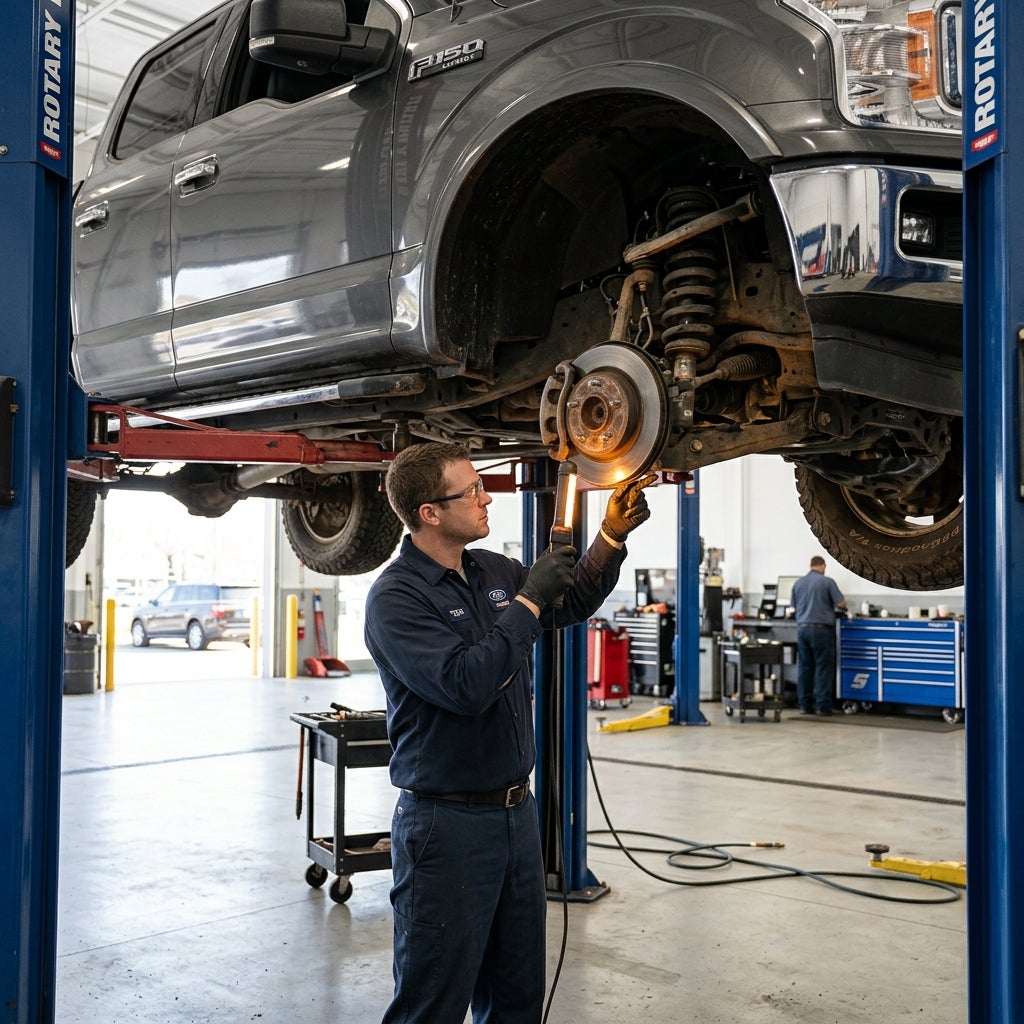 Auto mechanic using a hand light to inspect the brake rotor and suspension of a grey pickup truck on a hydraulic lift. (Representative image for illustration purposes only. Actual vehicle may vary based on trim and configuration.)
