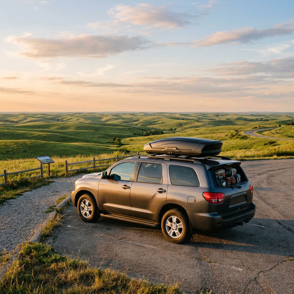 An SUV with a roof cargo box parked at a scenic overlook facing rolling green hills during sunset. (Representative image for illustration purposes only. Actual vehicle may vary based on trim and configuration.)