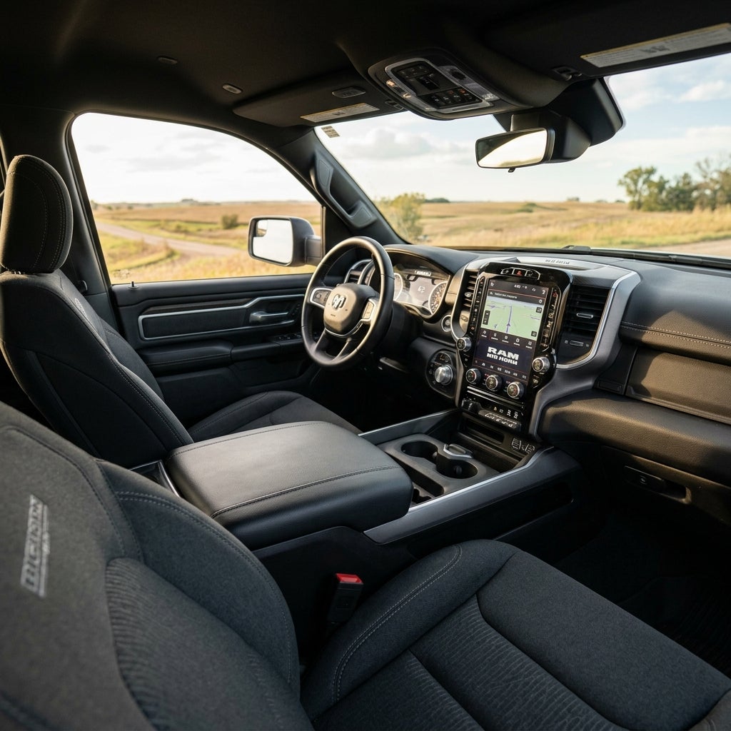 Interior view of a modern Ram Big Horn truck showing the dashboard, touchscreen infotainment system, and front seats. (Representative image for illustration purposes only. Actual vehicle may vary based on trim and configuration.)