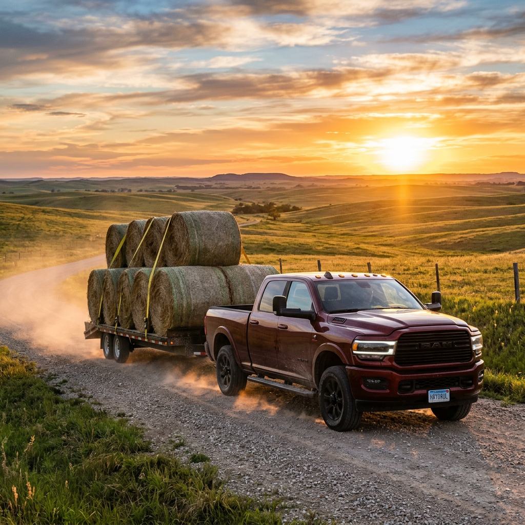 A maroon Ram pickup truck pulls a flatbed trailer loaded with large hay bales down a dusty dirt road at sunset. (Representative image for illustration purposes only. Actual vehicle may vary based on trim and configuration.)