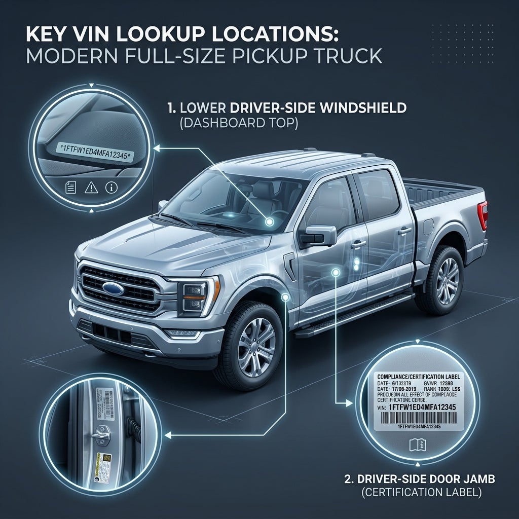 Diagram showing VIN lookup locations on a pickup truck: windshield dashboard top and driver-side door jamb. (Representative image for illustration purposes only. Actual vehicle may vary based on trim and configuration.)