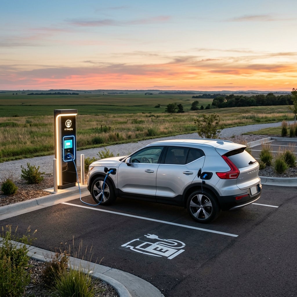 Silver electric SUV charging at an outdoor station in a parking lot during sunset. (Representative image for illustration purposes only. Actual vehicle may vary based on trim and configuration.)