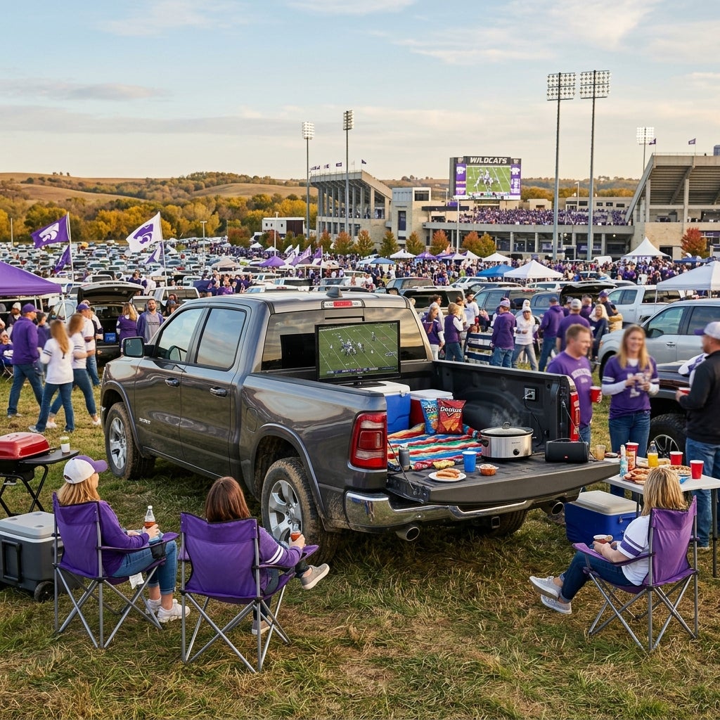 People tailgating around a grey pickup truck with a TV in the bed outside a college football stadium. (Representative image for illustration purposes only. Actual vehicle may vary based on trim and configuration.)