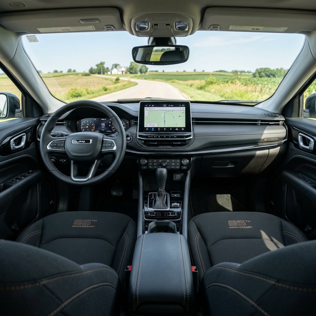 Interior of a Jeep featuring dark cloth seats with 85th Anniversary embroidery, facing a winding rural road. (Representative image for illustration purposes only. Actual vehicle may vary based on trim and configuration.)