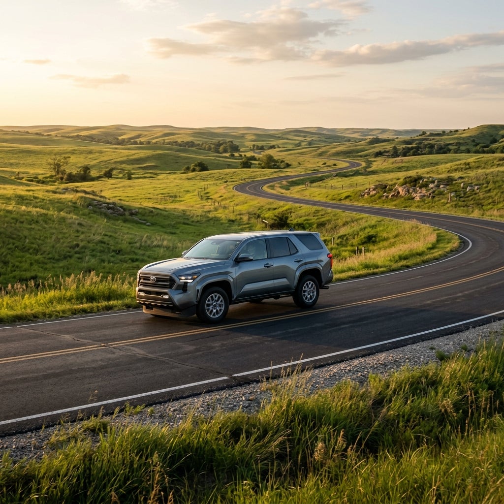 A grey SUV drives along a winding asphalt road through rolling green hills during golden hour. (Representative image for illustration purposes only. Actual vehicle may vary based on trim and configuration.)
