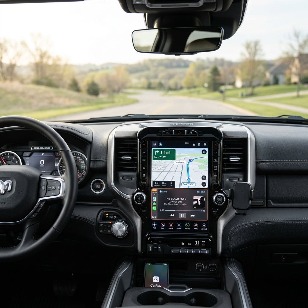 Interior view of a RAM truck dashboard showing a large touchscreen navigation display and a view of the road ahead. (Representative image for illustration purposes only. Actual vehicle may vary based on trim and configuration.)