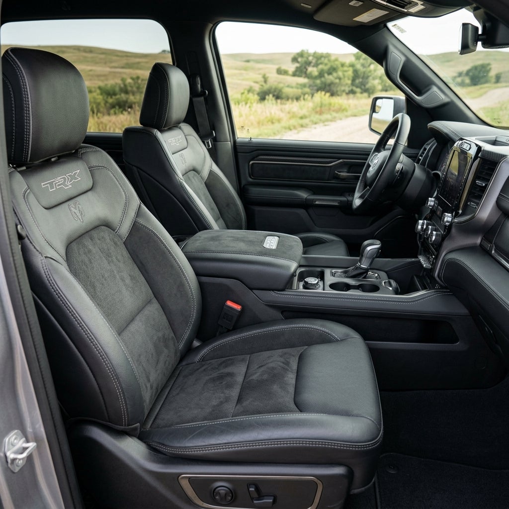 Front interior of a Ram 1500 TRX showing black leather and suede seats, steering wheel, and center console. (Representative image for illustration purposes only. Actual vehicle may vary based on trim and configuration.)