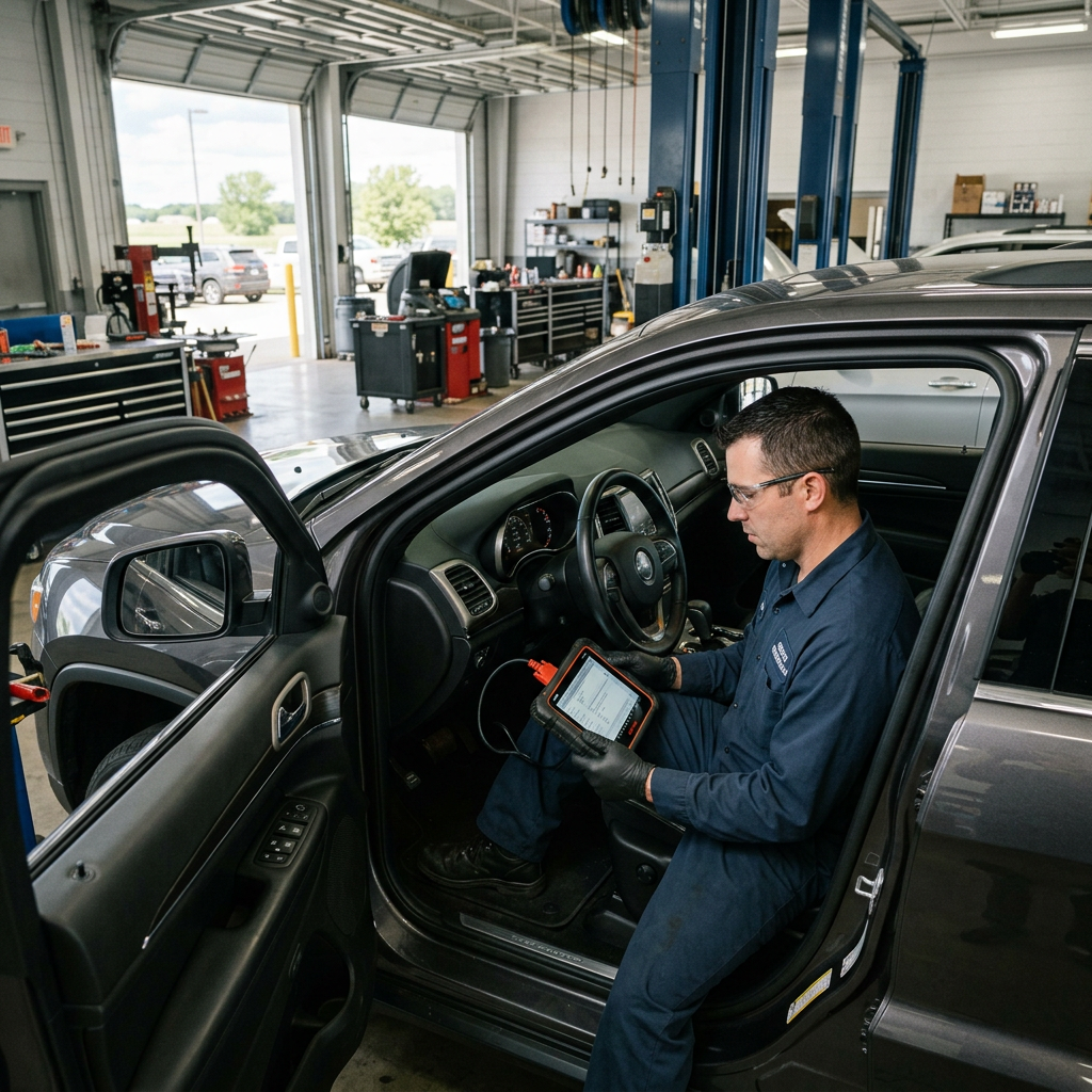 A mechanic sitting in the driver's seat of a grey SUV using a diagnostic tablet tool. (Representative image for illustration purposes only. Actual vehicle may vary based on trim and configuration.)
