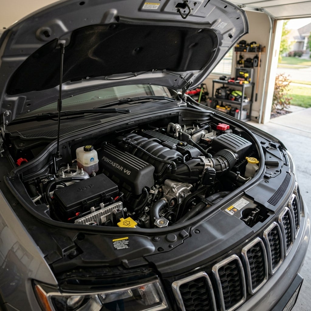 Open hood of a silver Jeep parked in a garage, exposing a clean Pentastar V6 engine bay. (Representative image for illustration purposes only. Actual vehicle may vary based on trim and configuration.)