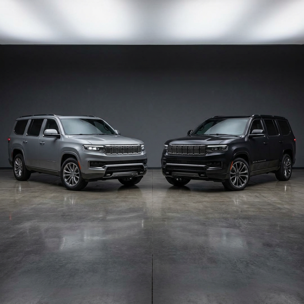 Two Jeep Grand Wagoneer SUVs, one silver and one black, parked side by side in a minimalist studio. (Representative image for illustration purposes only. Actual vehicle may vary based on trim and configuration.)