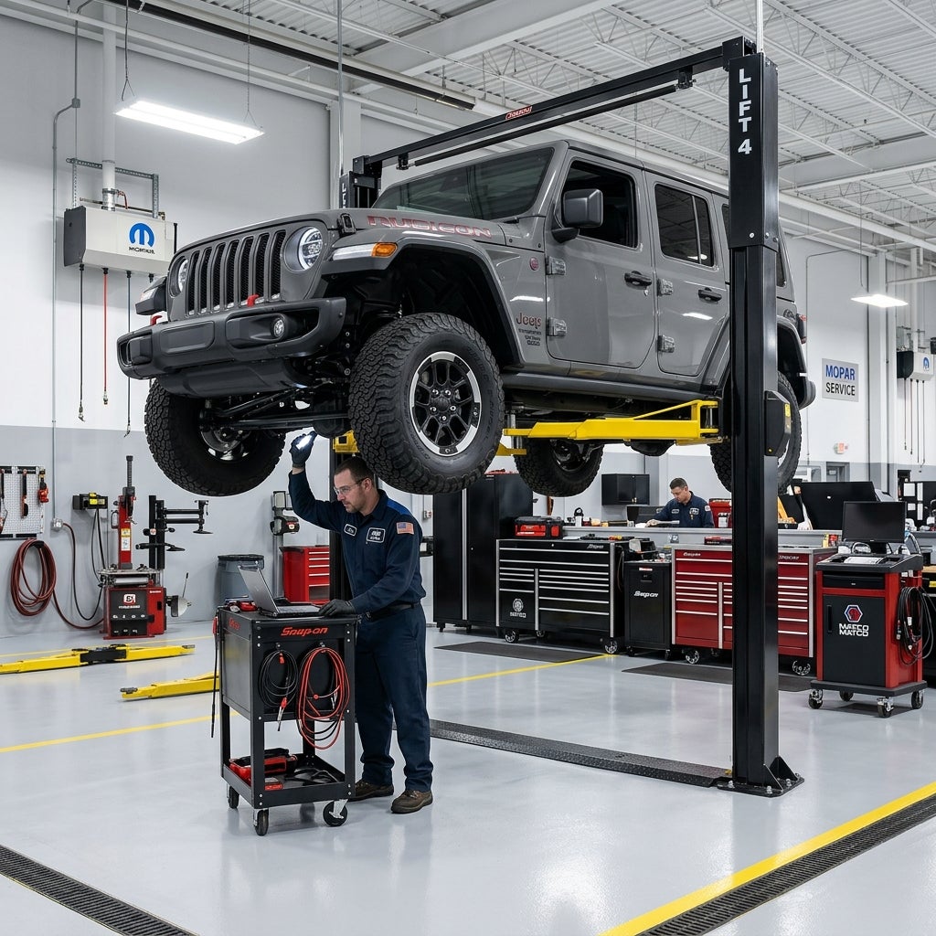 A mechanic inspecting the undercarriage of a lifted grey Jeep Rubicon using a flashlight and laptop cart. (Representative image for illustration purposes only. Actual vehicle may vary based on trim and configuration.)