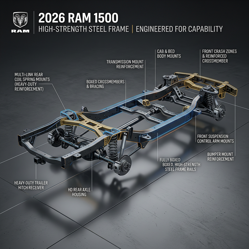 Diagram showing the high-strength steel frame components of a 2026 RAM 1500 truck. (Representative image for illustration purposes only. Actual vehicle may vary based on trim and configuration.)