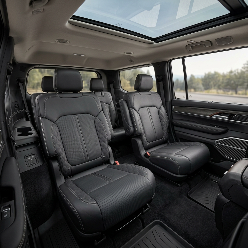 Luxurious black leather captain's chairs in the back of an SUV with a large panoramic sunroof. (Representative image for illustration purposes only. Actual vehicle may vary based on trim and configuration.)