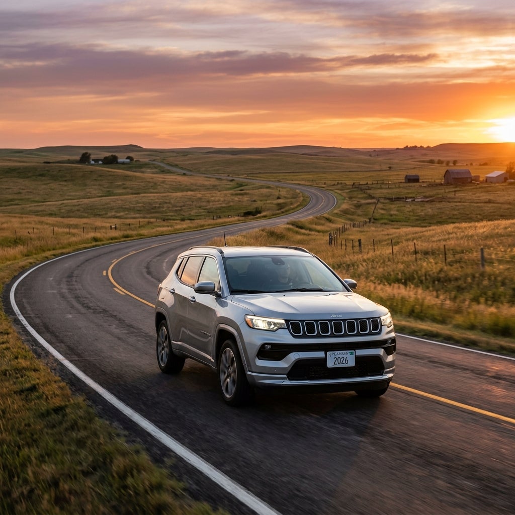 Silver Jeep SUV driving along a winding two-lane road through rolling hills at sunset. (Representative image for illustration purposes only. Actual vehicle may vary based on trim and configuration.)