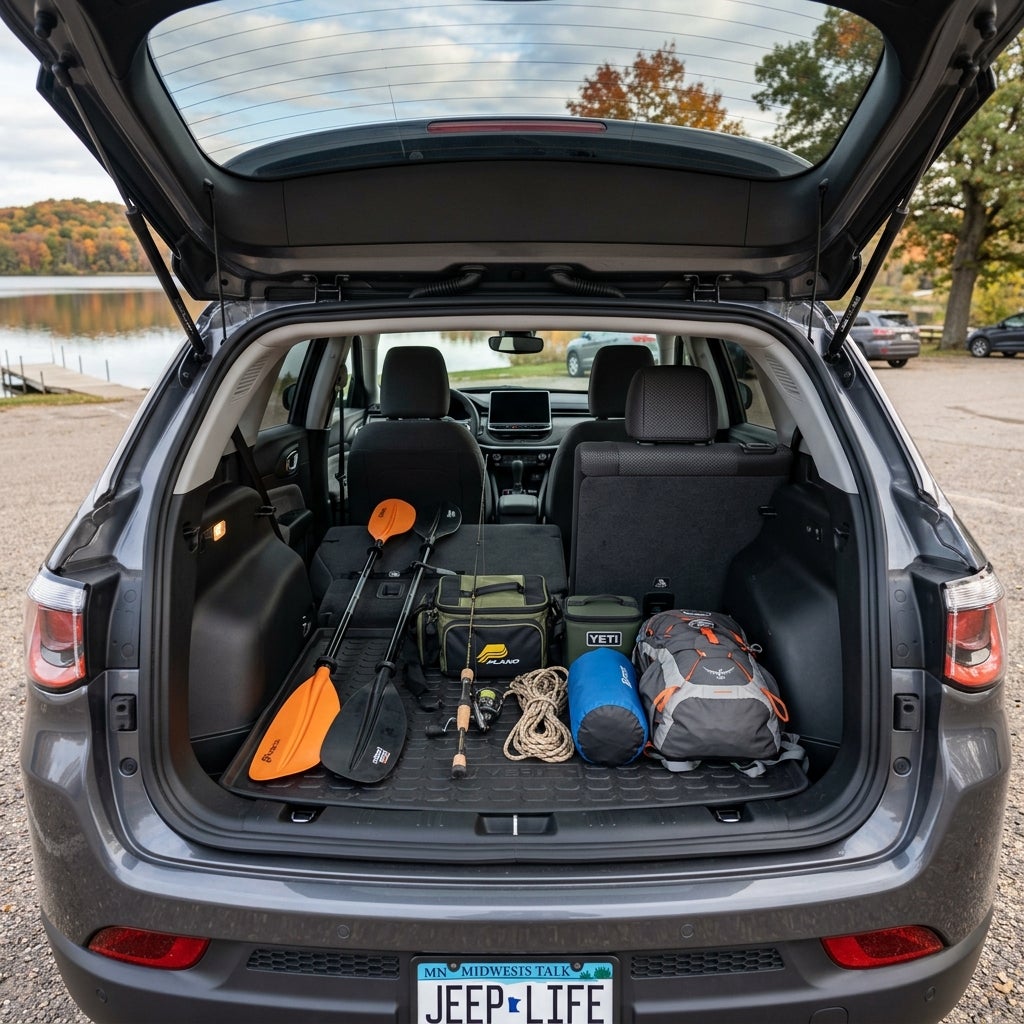 Open trunk of a gray SUV loaded with kayak paddles, fishing rod, tackle box, backpack, and camping gear. (Representative image for illustration purposes only. Actual vehicle may vary based on trim and configuration.)