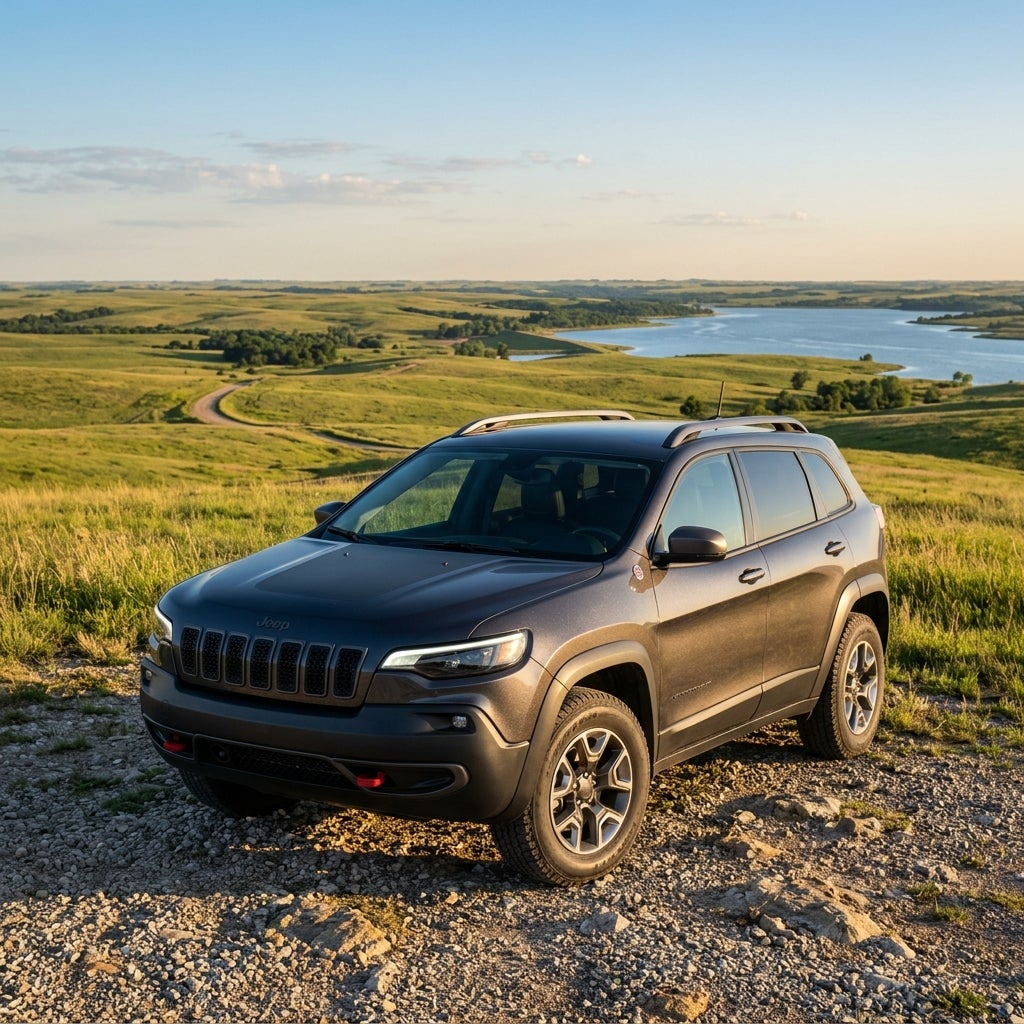 A grey Jeep Cherokee Trailhawk parked on a gravel hilltop overlooking rolling green hills and a scenic lake. (Representative image for illustration purposes only. Actual vehicle may vary based on trim and configuration.)