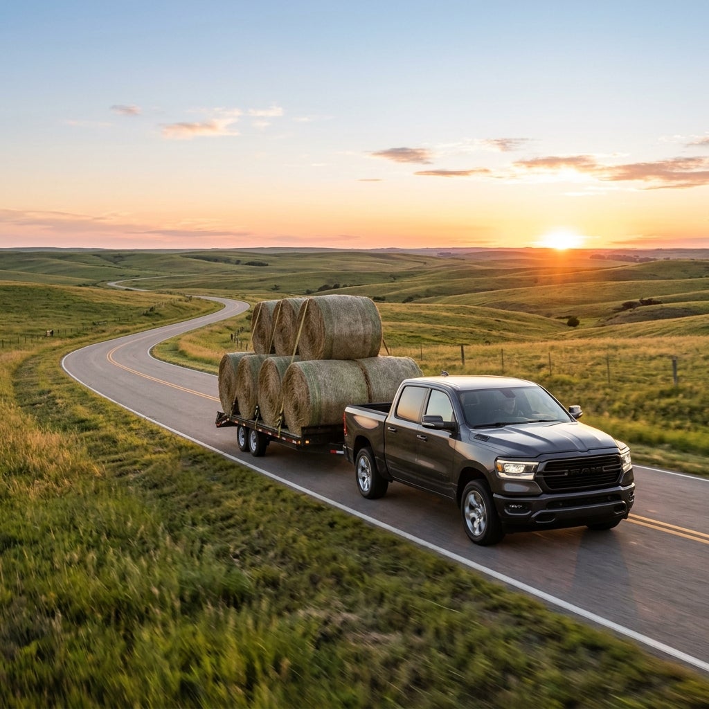 A dark grey pickup truck towing a trailer of large round hay bales down a winding country road at sunset. (Representative image for illustration purposes only. Actual vehicle may vary based on trim and configuration.)