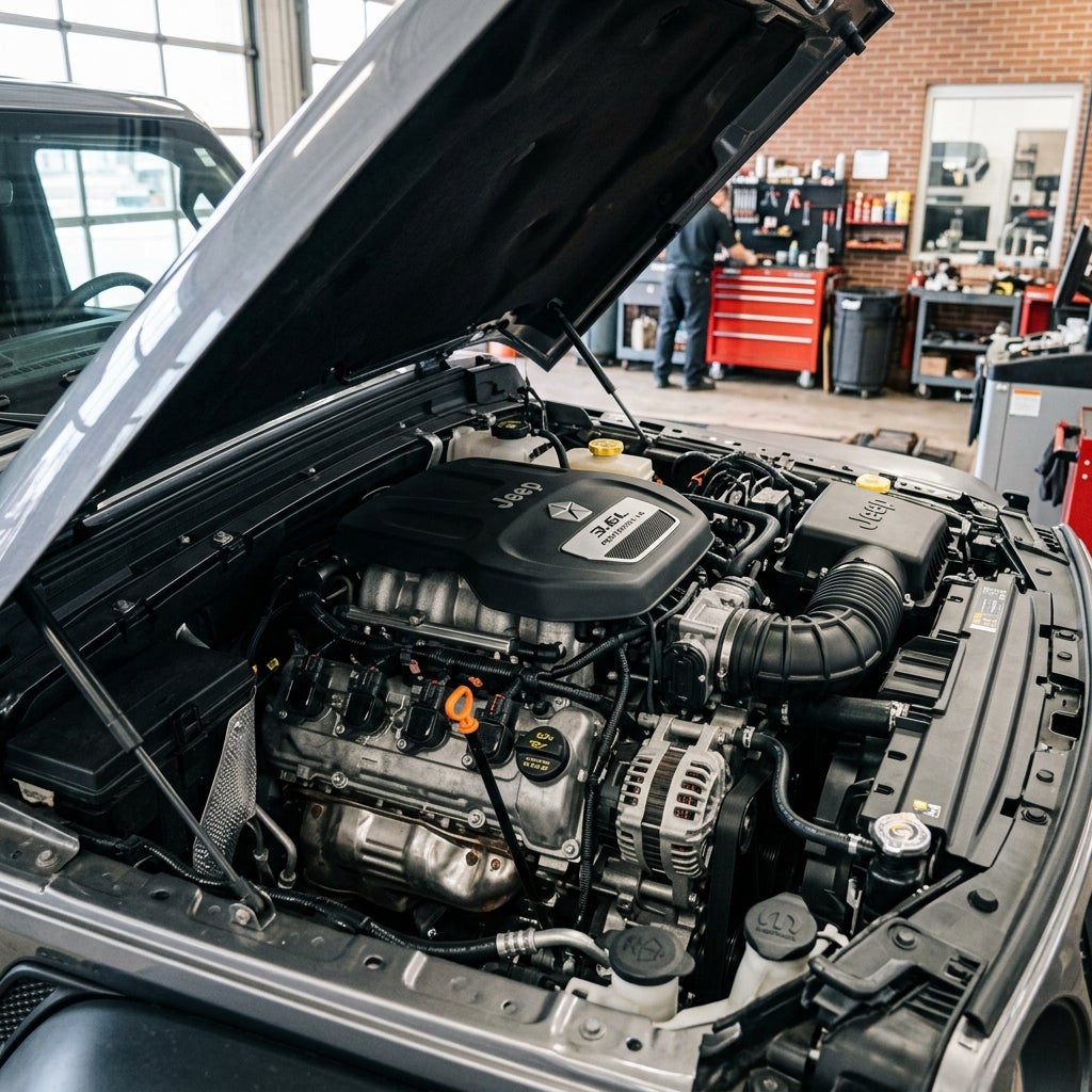 Close-up view of an open Jeep vehicle hood revealing a 3.6L Pentastar engine inside an auto repair shop. (Representative image for illustration purposes only. Actual vehicle may vary based on trim and configuration.)