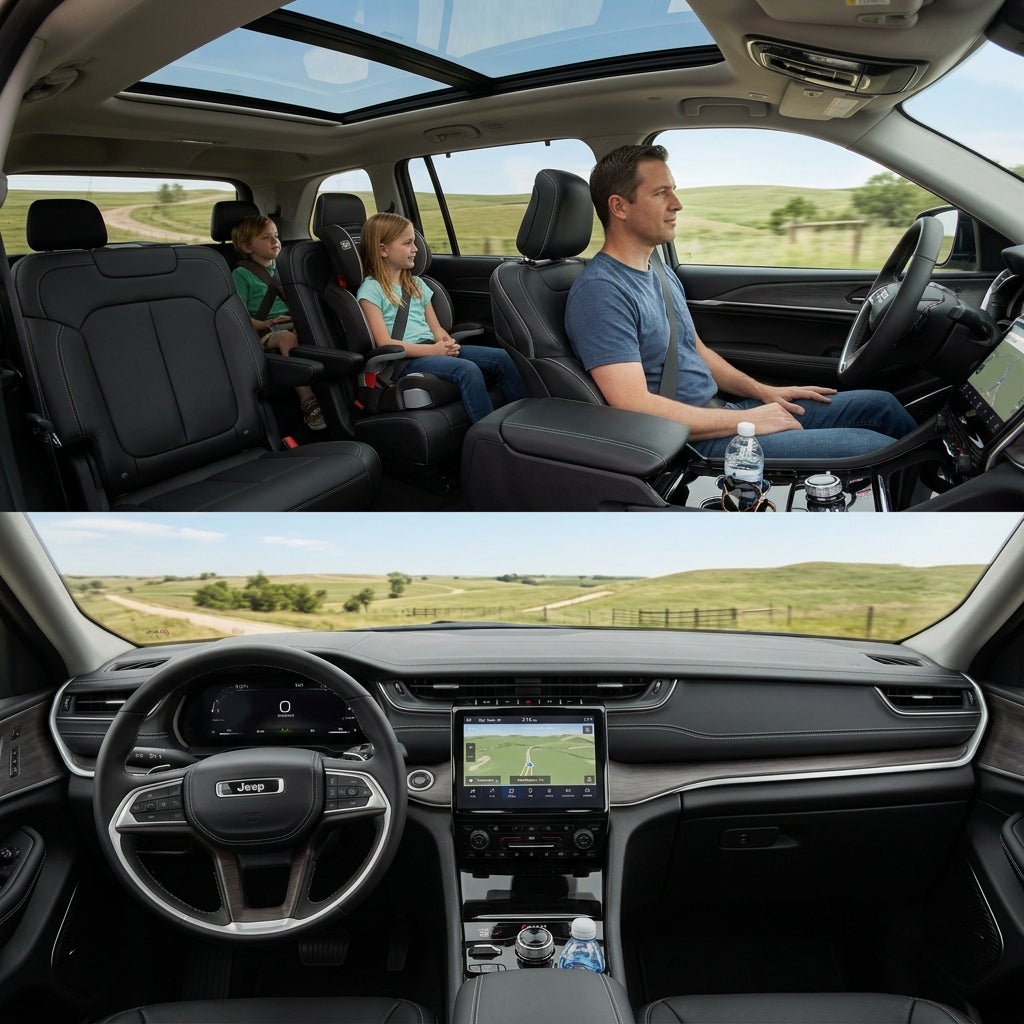 Split-view of a family inside a modern Jeep SUV and a close-up of its digital dashboard and steering wheel. (Representative image for illustration purposes only. Actual vehicle may vary based on trim and configuration.)