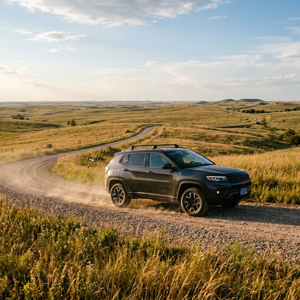 A dark grey Jeep SUV driving along a winding dirt road through expansive rolling grassy hills, kicking up dust. (Representative image for illustration purposes only. Actual vehicle may vary based on trim and configuration.)