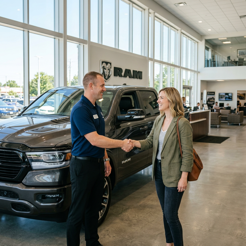 A female customer and male salesperson in a blue polo shake hands next to a grey RAM pickup truck in a dealership. (Representative image for illustration purposes only. Actual vehicle may vary based on trim and configuration.)