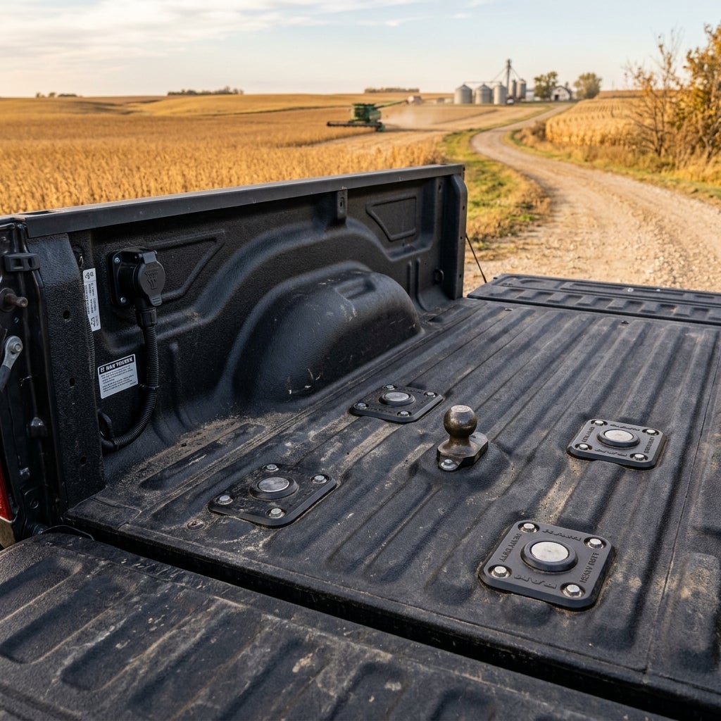 Bed of a black pickup truck fitted with a gooseneck hitch ball and puck system against a rural farm background. (Representative image for illustration purposes only. Actual vehicle may vary based on trim and configuration.)