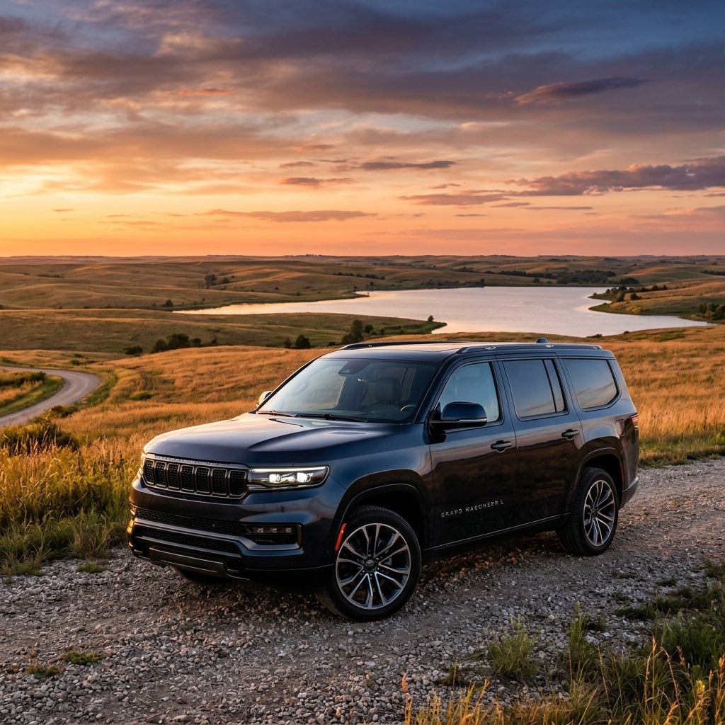 Dark blue Jeep Grand Wagoneer L parked on a gravel trail overlooking a prairie lake at sunset. (Representative image for illustration purposes only. Actual vehicle may vary based on trim and configuration.)