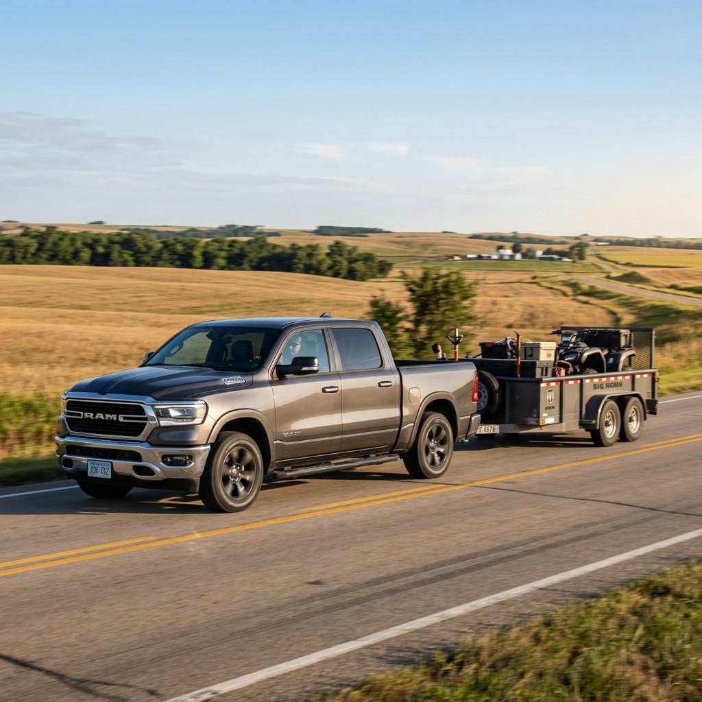 Metallic grey RAM pickup truck towing a utility trailer loaded with an ATV along a rural country road. (Representative image for illustration purposes only. Actual vehicle may vary based on trim and configuration.)