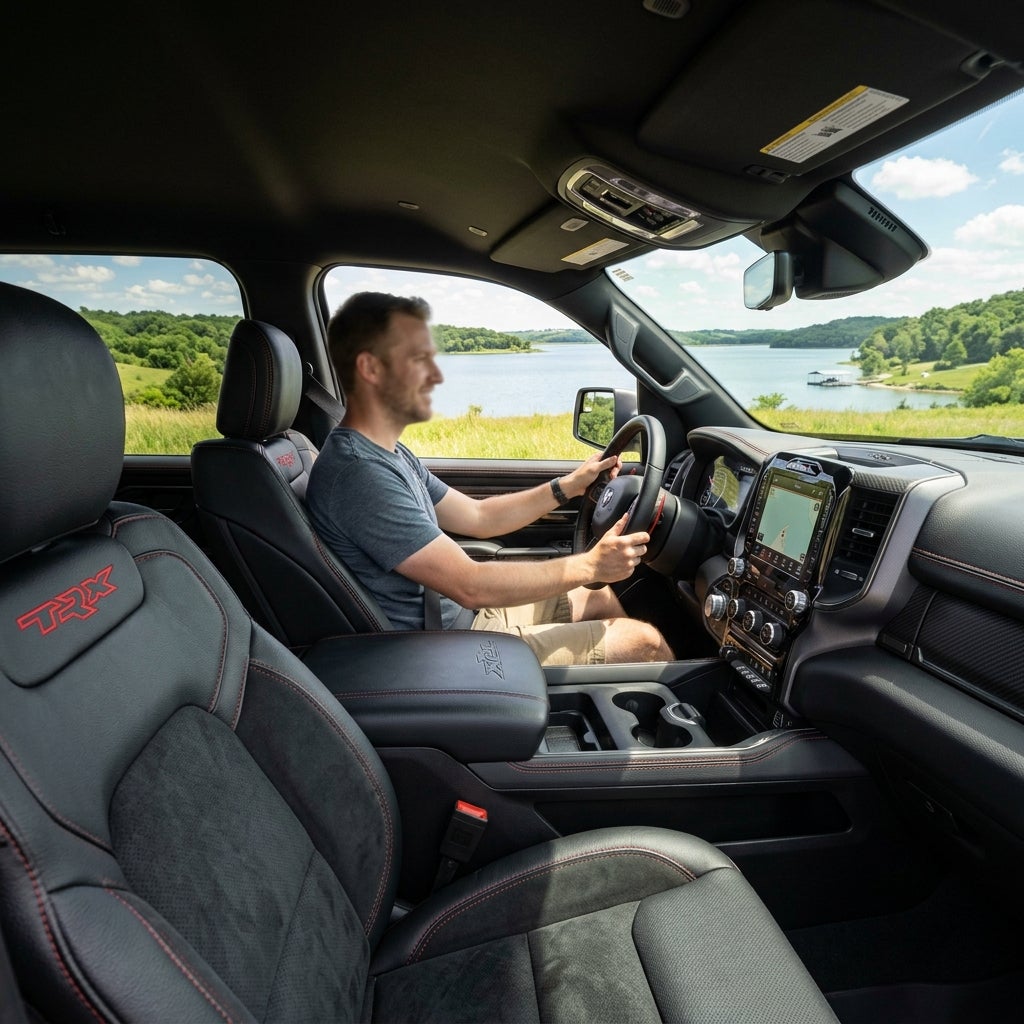 Interior view of a man driving a Ram 1500 TRX truck along a scenic lake with green hills. (Representative image for illustration purposes only. Actual vehicle may vary based on trim and configuration.)