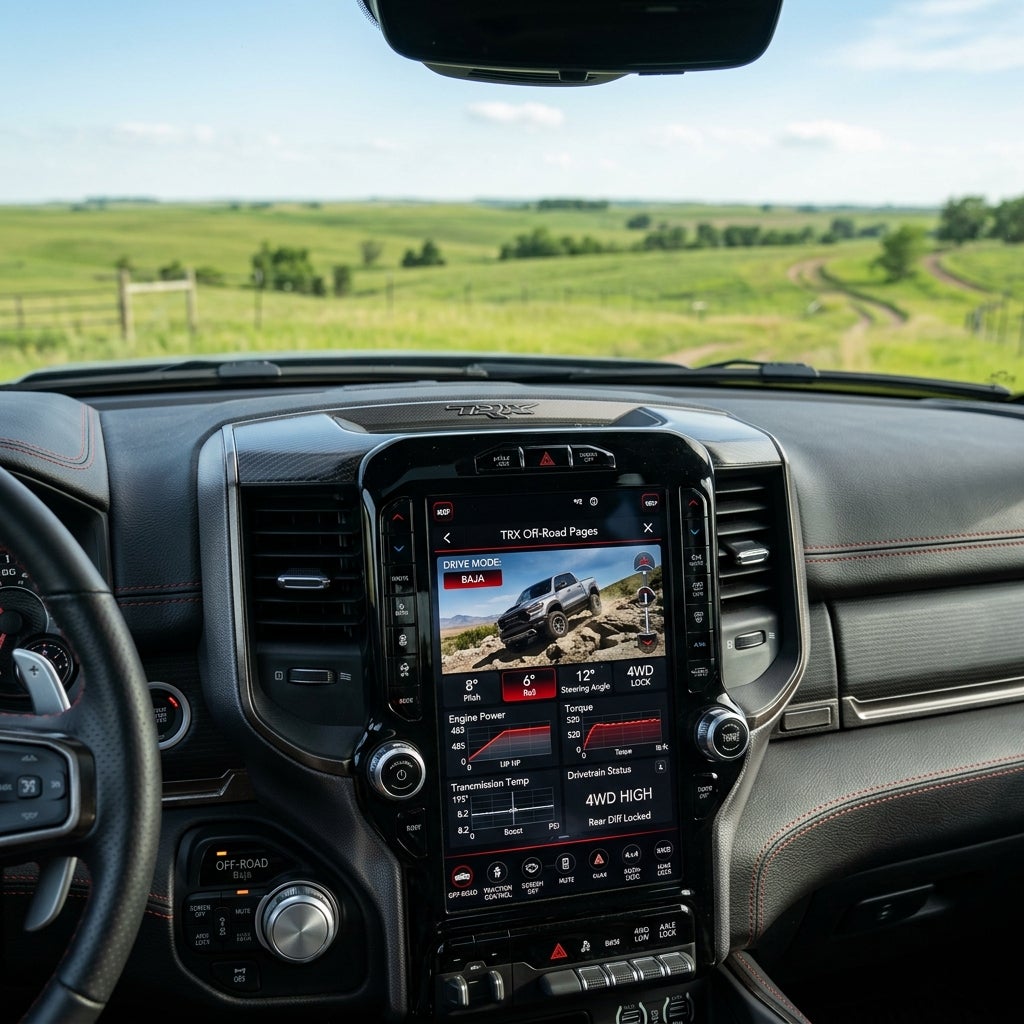 Interior view of a Ram 1500 TRX dashboard with off-road telemetry screen facing open green rolling hills. (Representative image for illustration purposes only. Actual vehicle may vary based on trim and configuration.)