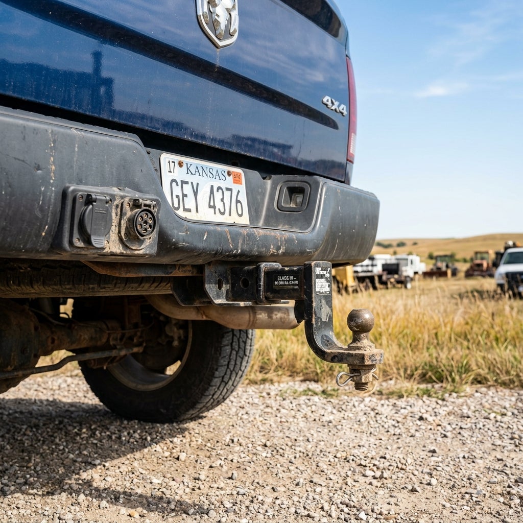 Close-up of the rear bumper of a blue Ram pickup truck showing a Kansas license plate and tow hitch. (Representative image for illustration purposes only. Actual vehicle may vary based on trim and configuration.)