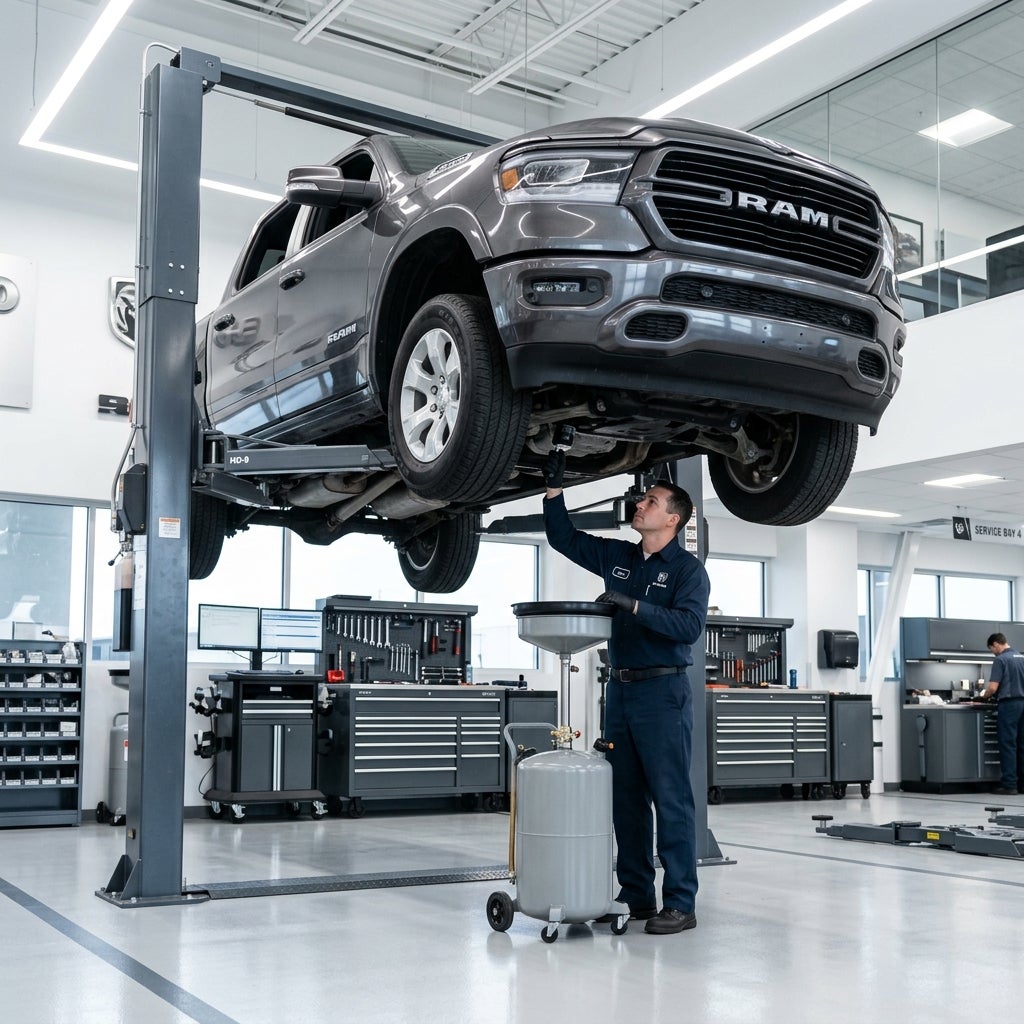 A mechanic in blue uniform inspects a gray RAM pickup truck hoisted on a vehicle lift in a clean service bay. (Representative image for illustration purposes only. Actual vehicle may vary based on trim and configuration.)
