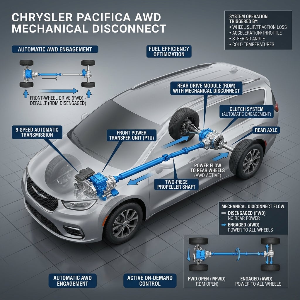 Technical diagram illustrating the Chrysler Pacifica AWD mechanical disconnect system and drivetrain components. (Representative image for illustration purposes only. Actual vehicle may vary based on trim and configuration.)
