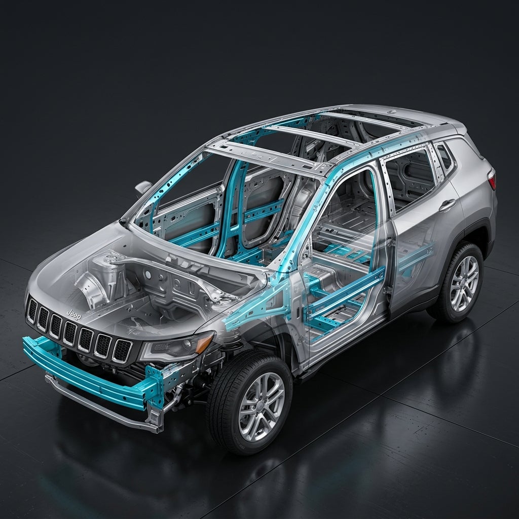 Transparent cutaway diagram of a Jeep SUV unibody chassis with high-strength steel safety cage highlighted in blue. (Representative image for illustration purposes only. Actual vehicle may vary based on trim and configuration.)