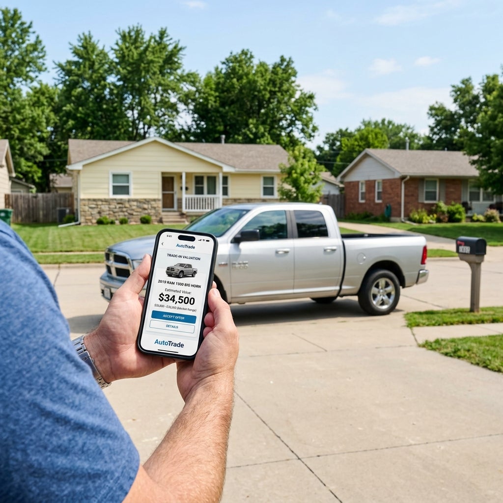 A man holds a phone displaying a car valuation app in front of a silver Ram pickup truck in a driveway. (Representative image for illustration purposes only. Actual vehicle may vary based on trim and configuration.)