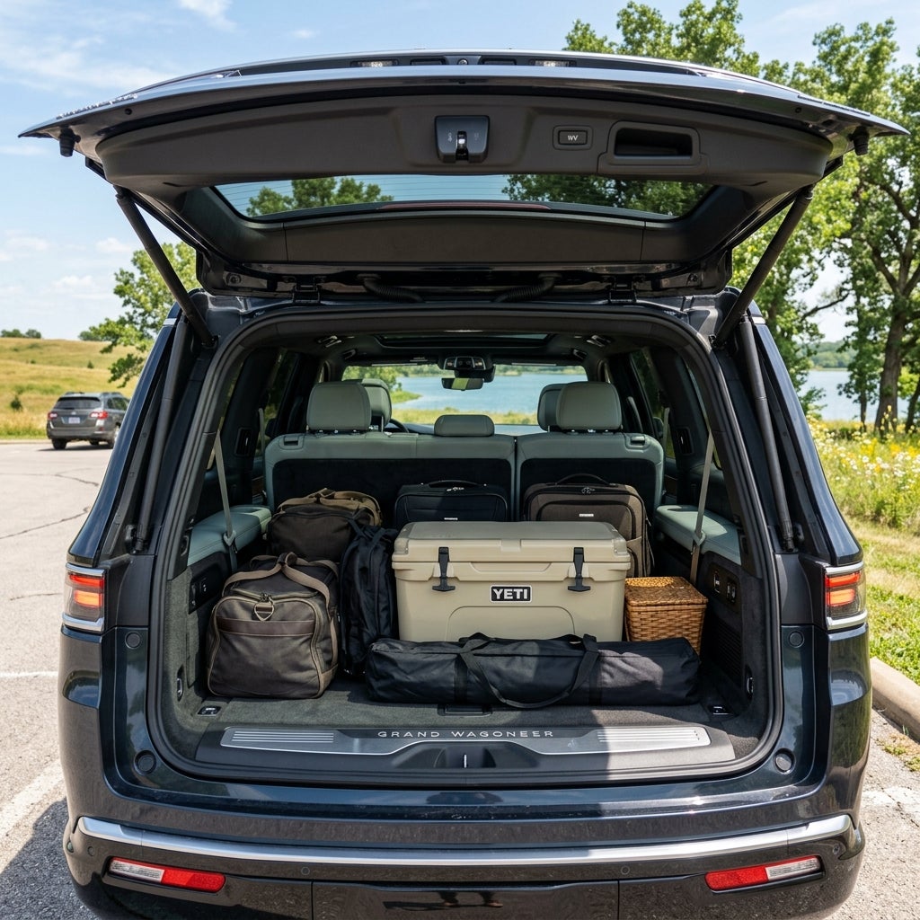 Open liftgate of a dark Grand Wagoneer filled with duffel bags, suitcases, a YETI cooler, and a picnic basket. (Representative image for illustration purposes only. Actual vehicle may vary based on trim and configuration.)