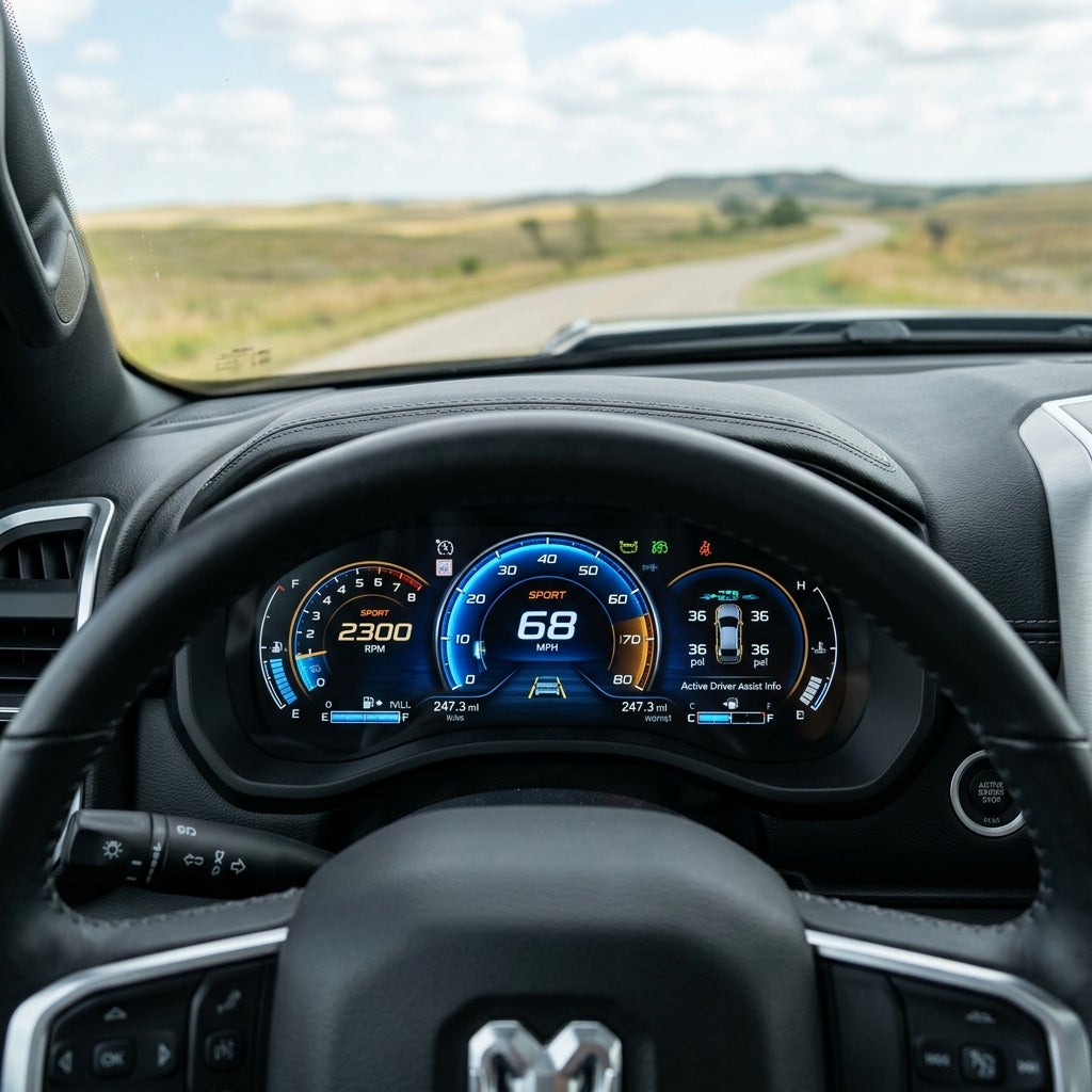 View from the driver's seat of a Ram truck driving down a rural road, showing a digital dashboard display at 68 MPH. (Representative image for illustration purposes only. Actual vehicle may vary based on trim and configuration.)