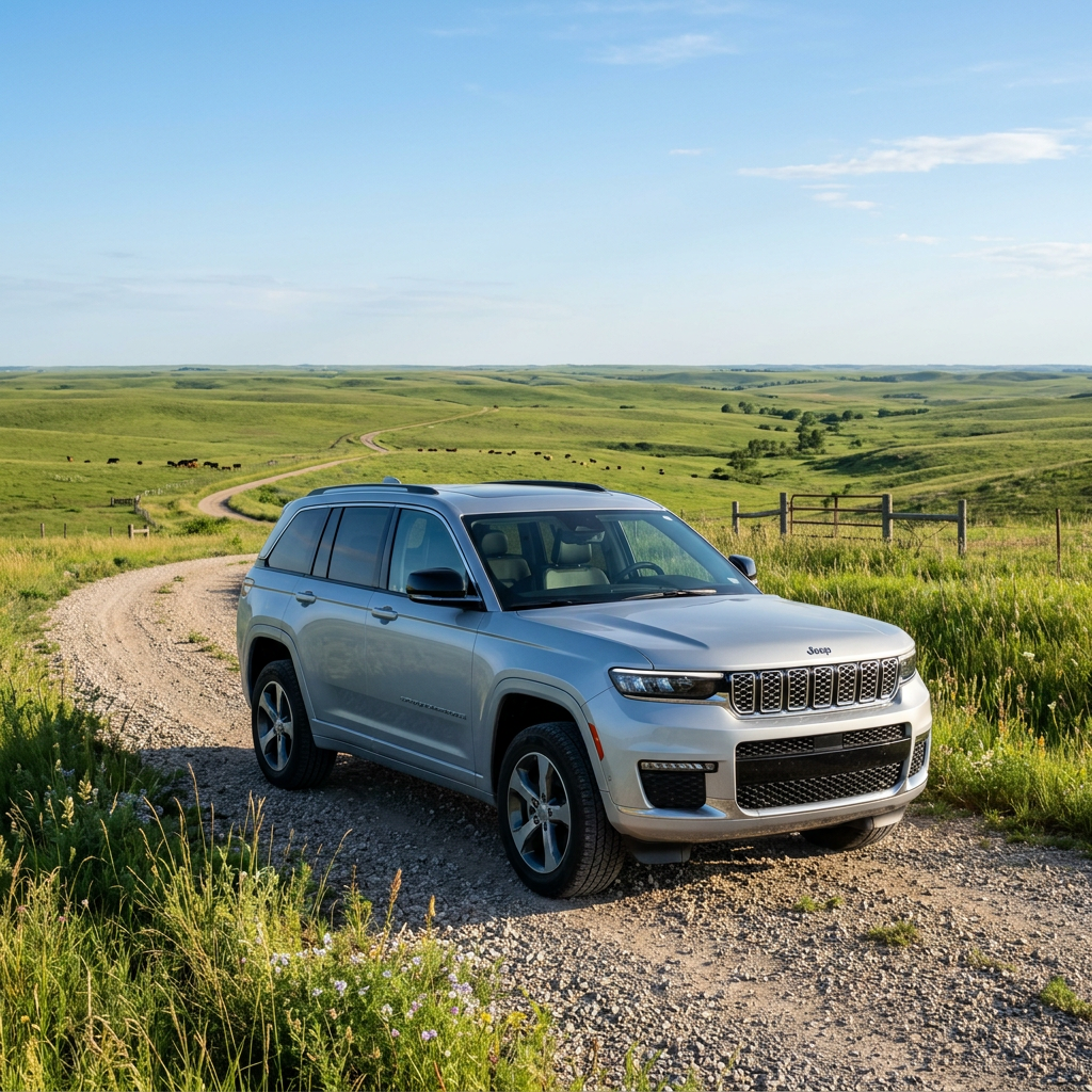 Silver Jeep Grand Cherokee parked on a gravel path winding through rolling green hills (Representative image for illustration purposes only. Actual vehicle may vary based on trim and configuration.)