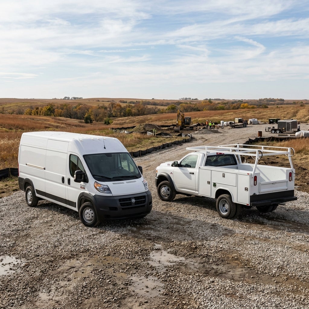 A white Ram cargo van and a white utility service truck parked on a gravel construction site. (Representative image for illustration purposes only. Actual vehicle may vary based on trim and configuration.)