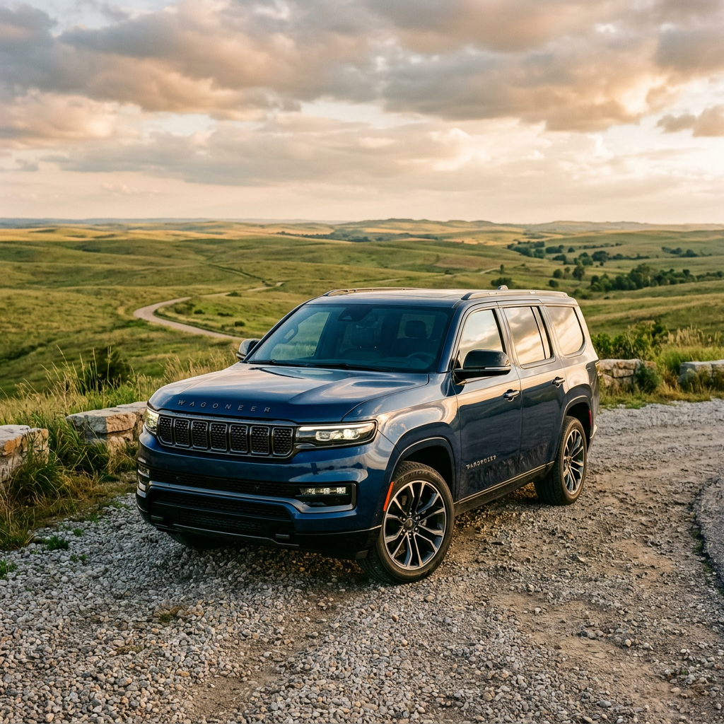 A dark blue Wagoneer SUV parked on a gravel path overlooking a rolling green landscape at sunset. (Representative image for illustration purposes only. Actual vehicle may vary based on trim and configuration.)