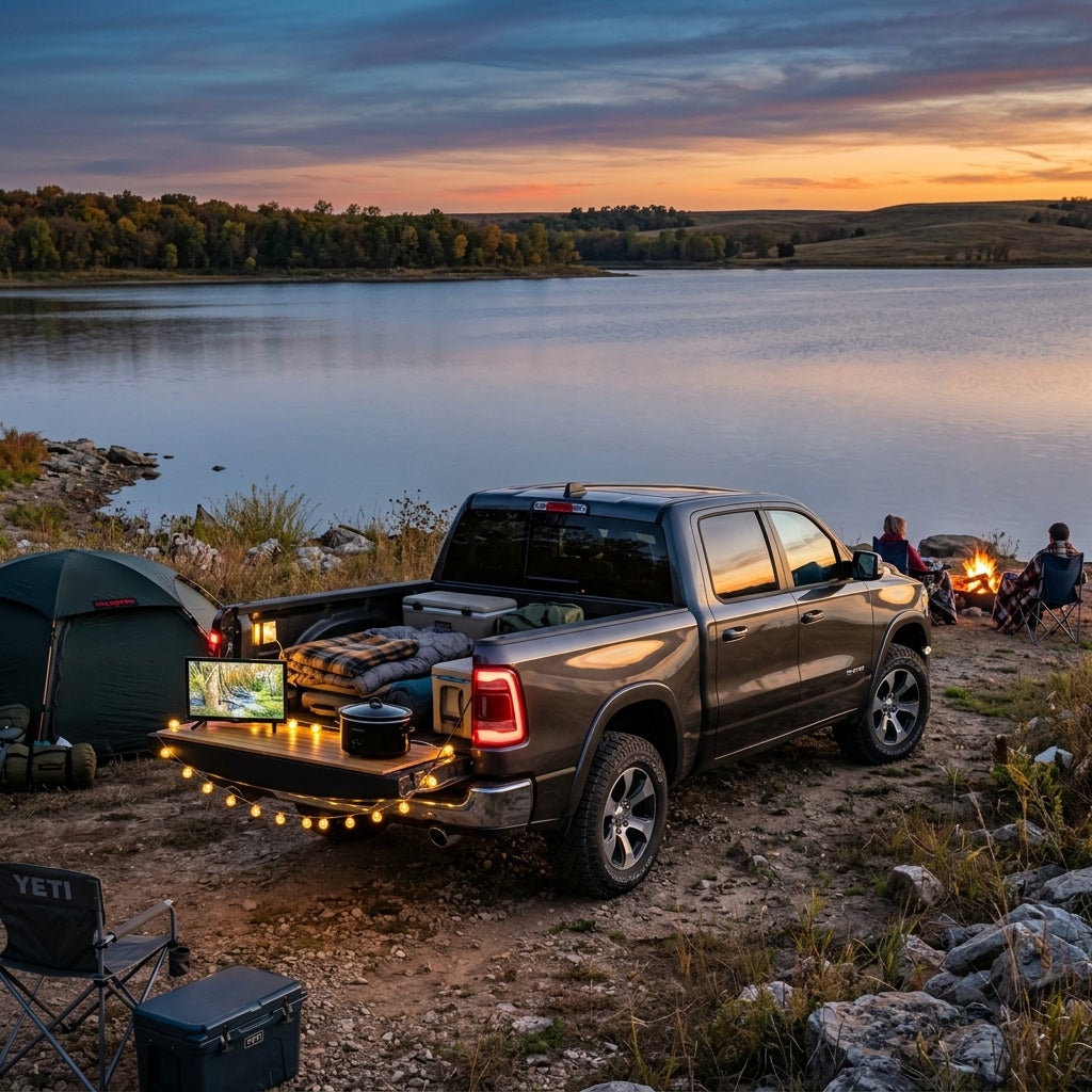A pickup truck set up for tailgate camping near a calm lake under a colorful sunset sky. (Representative image for illustration purposes only. Actual vehicle may vary based on trim and configuration.)
