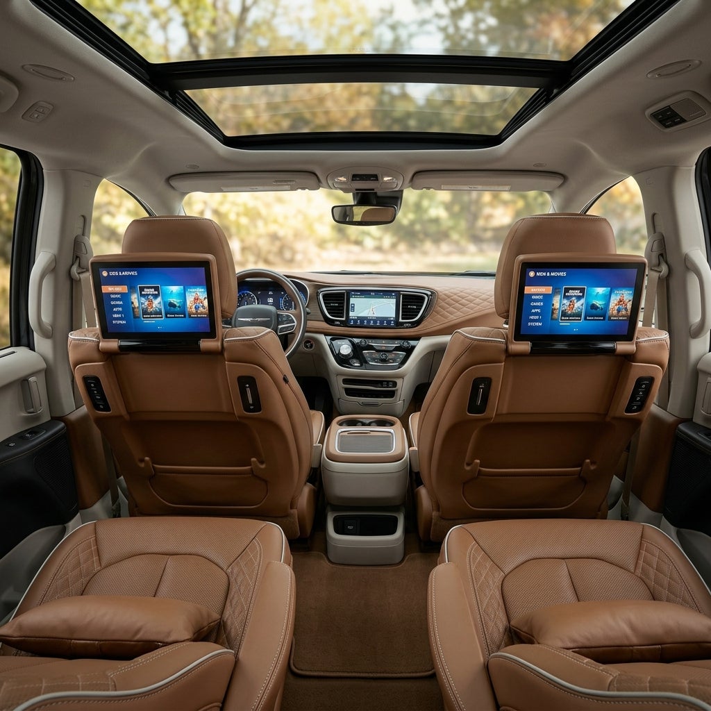 Interior view of a luxury vehicle featuring brown leather seats, seatback entertainment screens, and a panoramic sunroof. (Representative image for illustration purposes only. Actual vehicle may vary based on trim and configuration.)