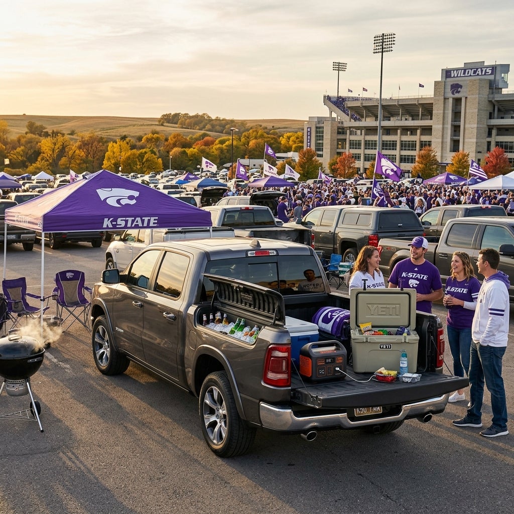 K-State fans tailgating around a grey pickup truck with coolers and a grill outside a football stadium. (Representative image for illustration purposes only. Actual vehicle may vary based on trim and configuration.)