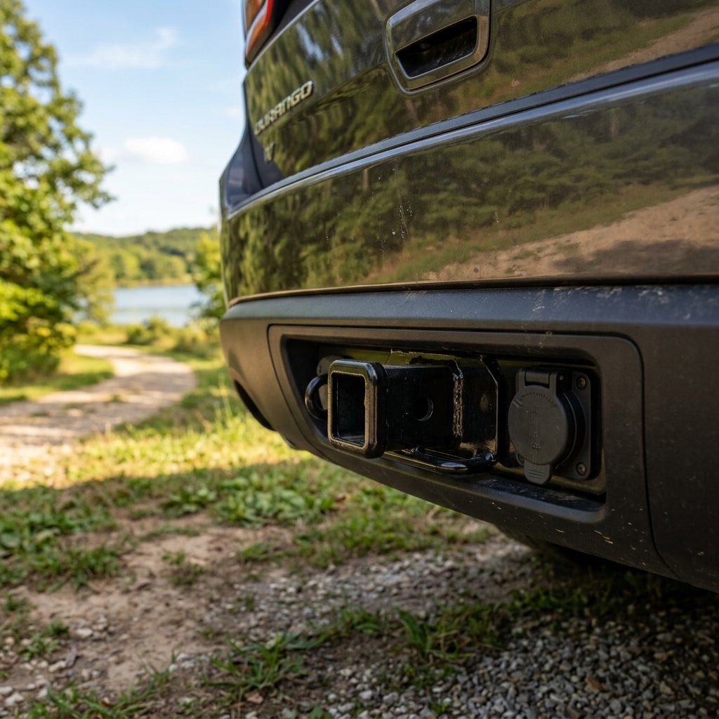 Close-up of a trailer hitch receiver and wiring socket on the rear bumper of a Dodge Durango parked outdoors. (Representative image for illustration purposes only. Actual vehicle may vary based on trim and configuration.)