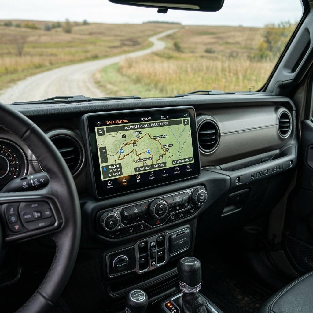View from inside a Jeep looking at a navigation screen and a winding gravel road through prairie land. (Representative image for illustration purposes only. Actual vehicle may vary based on trim and configuration.)