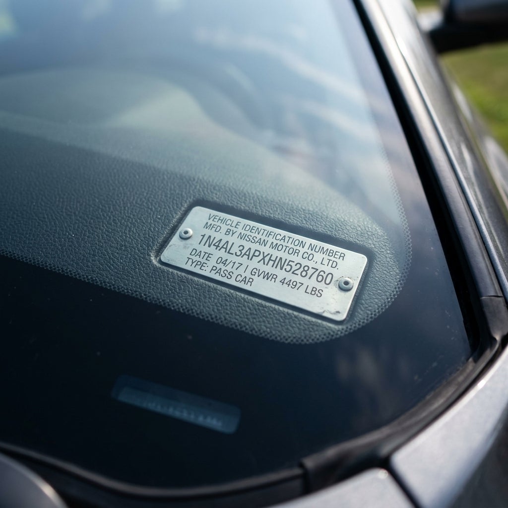 Vehicle identification number plate on a Nissan car dashboard visible through the windshield. (Representative image for illustration purposes only. Actual vehicle may vary based on trim and configuration.)