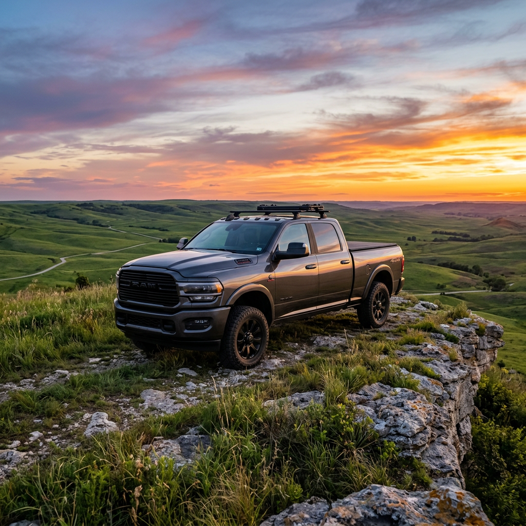 A dark gray Ram pickup truck parked on a grassy, rocky overlook during a vibrant sunset over green hills. (Representative image for illustration purposes only. Actual vehicle may vary based on trim and configuration.)