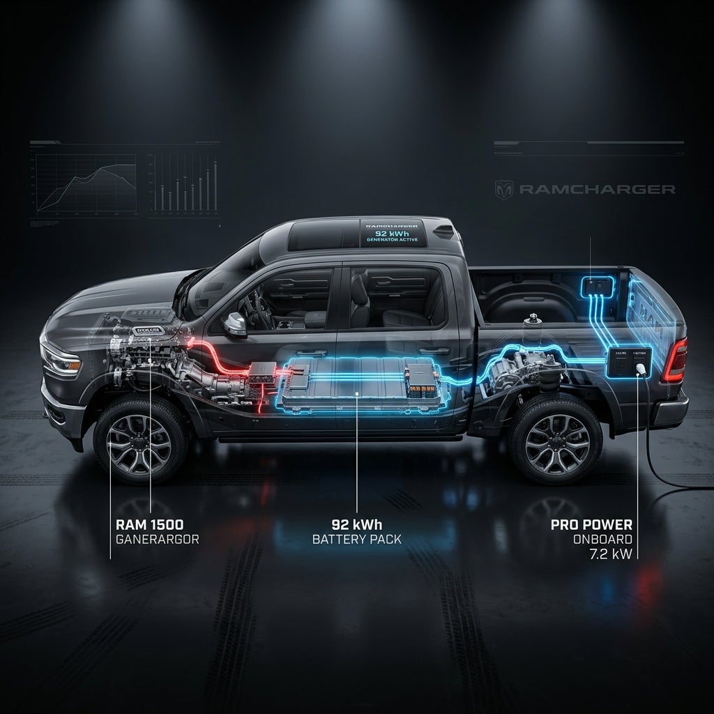X-ray diagram of a Ramcharger pickup truck showing its engine generator, 92 kWh battery pack, and power outlets. (Representative image for illustration purposes only. Actual vehicle may vary based on trim and configuration.)