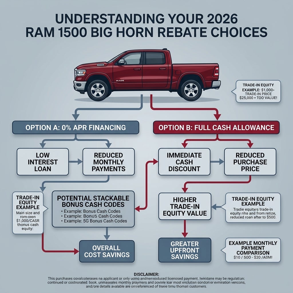 Infographic outlining rebate options for a 2026 Ram 1500 Big Horn, comparing 0% APR financing and full cash allowance. (Representative image for illustration purposes only. Actual vehicle may vary based on trim and configuration.)