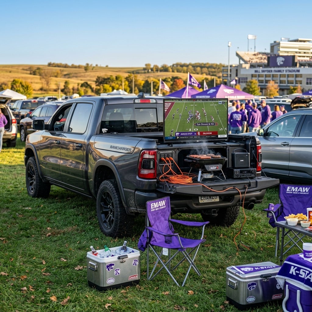 A grey Ramcharger pickup truck set up for tailgating with a TV, grill, and purple chairs outside a football stadium. (Representative image for illustration purposes only. Actual vehicle may vary based on trim and configuration.)